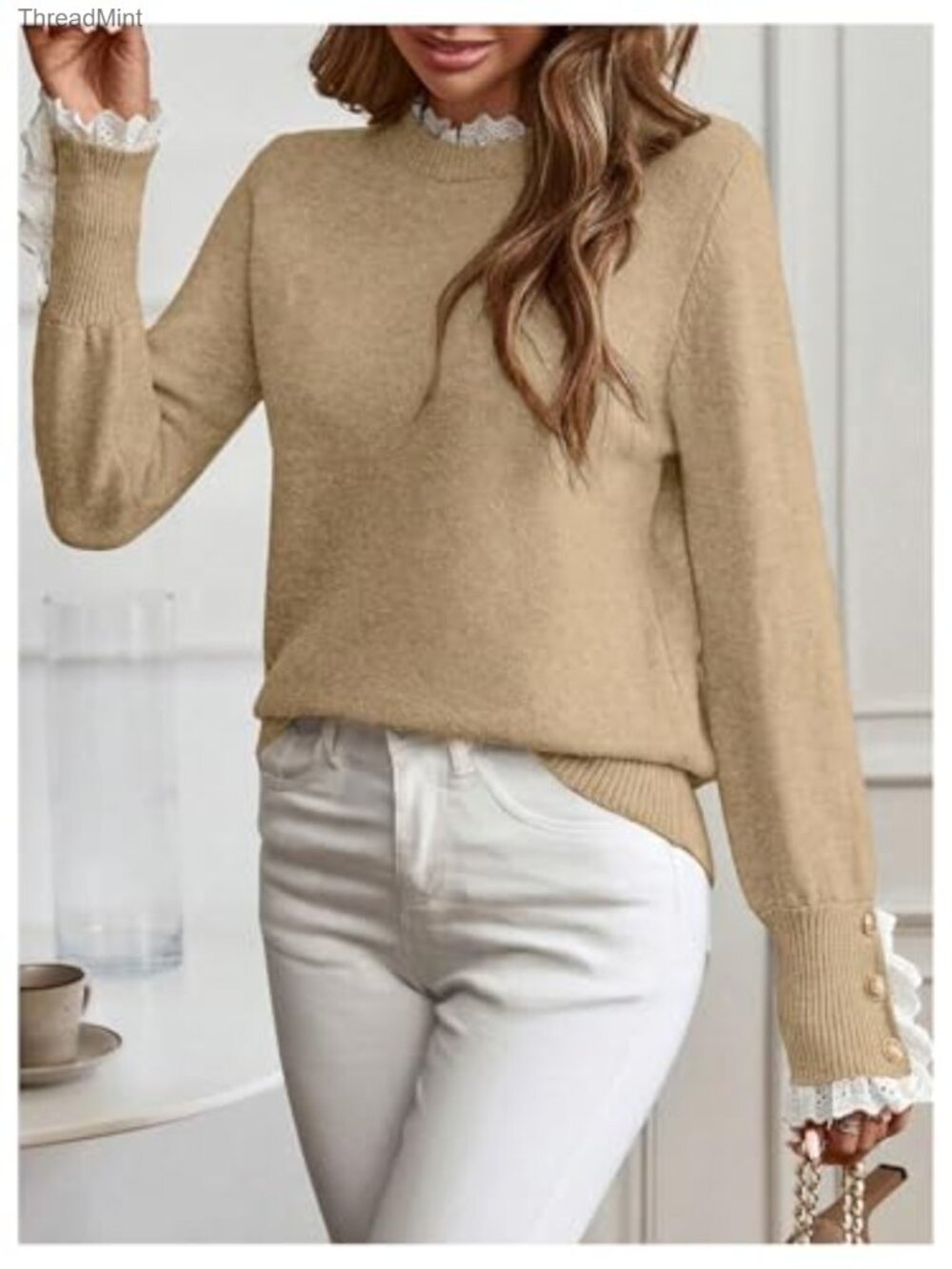 Mock Neck Peplum Lace Sweater Pullover Cozy Knit Tops - Picture 3 of 6